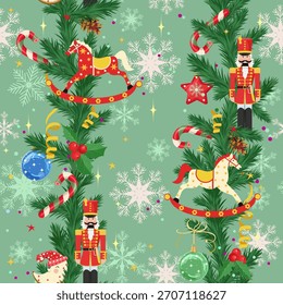 Christmas seamless pattern with a nutcracker, horse and Christmas decorations. Suitable for decorating textiles and packaging. Vector illustration.