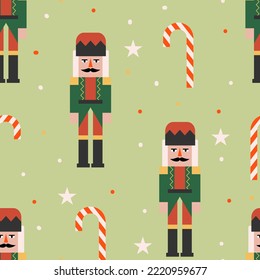 Christmas seamless pattern with nutcracker, lollipops and stars. Cute vector flat holiday background