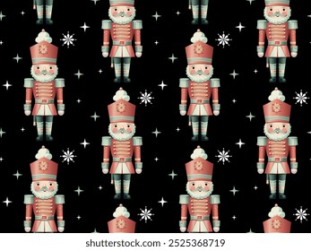 Christmas seamless pattern with Nutcracker. Merry Christmas, New Year wrapping paper, wallpaper, ornament, vector illustration. 