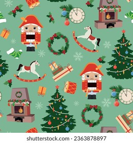 Christmas seamless pattern with Nutcracker, New Year's toys on the Christmas tree, gifts and fireplace. For kids apparel, home design, wrapping paper