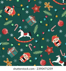 Christmas seamless pattern with Nutcracker, New Year's toys gingerbread and gifts. For kids apparel, home design, wrapping paper