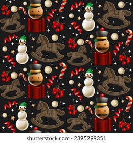 Christmas seamless pattern with nutcracker, rocking horse, snowman, candy cane, berry. Design for wallpaper, prints, wrapping paper, cards, fabric, surface design, vector illustration