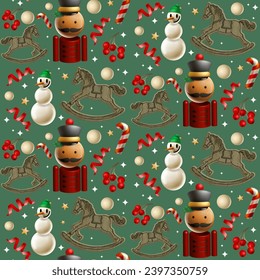 Christmas seamless pattern with nutcracker, rocking horse, snowman, candy cane, berry. Design for wallpaper, prints, wrapping paper, cards, fabric, surface design, vector illustration