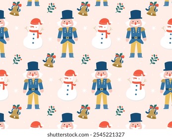 Christmas seamless pattern with nutcracker and snowman