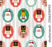 Christmas Seamless pattern with Nutcracker Soldier and Santa Claus portraits. Vector illustration in flat style