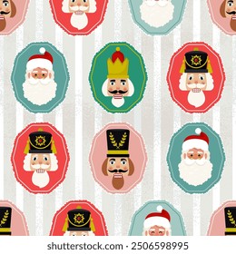 Christmas Seamless pattern with Nutcracker Soldier and Santa Claus portraits. Vector illustration in flat style