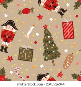 Christmas seamless pattern. Nutcracker, christmas tree, gifts, candies, candles, conifer cone on a beige background