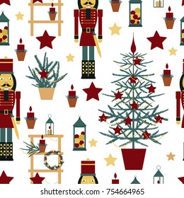 Christmas seamless pattern with Nutcracker, Christmas tree, stars and lanterns.