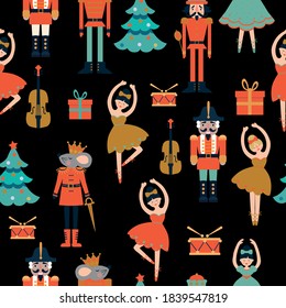 Christmas seamless pattern with nutcrackers, ballerina, tree, gifts and violin on the black background. Vector illustration. 