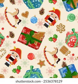 Christmas seamless pattern with Nutcrackers, gifts, New Year's toys on a beige background. For kids apparel, home design, wrapping paper