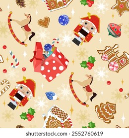 Christmas seamless pattern with Nutcrackers, gifts, New Year's toys on a beige background. For kids apparel, home design, wrapping paper