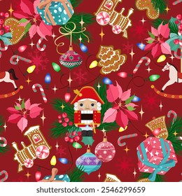 Christmas seamless pattern with Nutcrackers ,gingerbread, gifts, New Year's toys on a red background. For kids apparel, home design, wrapping paper