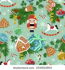 Christmas seamless pattern with Nutcrackers ,gingerbread, gifts, New Year's toys. For kids apparel, home design, wrapping paper