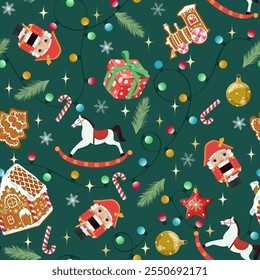 Christmas seamless pattern with Nutcrackers ,gingerbread, gifts, New Year's toys on a dark background. For kids apparel, home design, wrapping paper