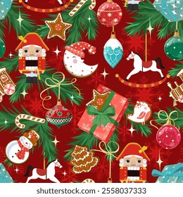 Christmas seamless pattern with Nutcrackers ,gingerbread, gifts, New Year's toys on a red background. For kids apparel, home design, wrapping paper