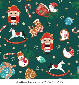 Christmas seamless pattern with Nutcrackers ,gingerbread, gifts, New Year's toys on a dark background. For kids apparel, home design, wrapping paper