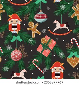 Christmas seamless pattern with Nutcrackers, New Year's toys on the Christmas tree. For kids apparel, home design, wrapping paper