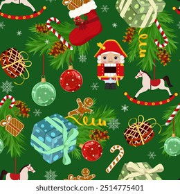 Christmas seamless pattern with Nutcrackers, New Year's toys on the Christmas tree. For kids apparel, home design, wrapping paper