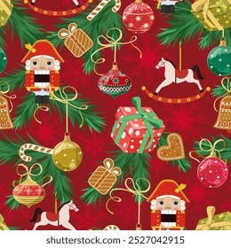 Christmas seamless pattern with Nutcrackers, New Year's toys on the Christmas tree on a red background. For kids apparel, home design, wrapping paper