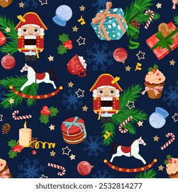 Christmas seamless pattern with Nutcrackers, New Year's toys on the Christmas tree, sweets on a dark blue background. For kids apparel, home design, wrapping paper