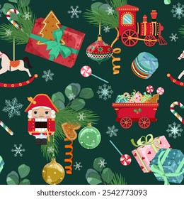 Christmas seamless pattern with Nutcrackers, steam locomotive toy, gifts, New Year's toys on a dark background. For kids apparel, home design, wrapping paper