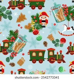 Christmas seamless pattern with Nutcrackers, steam locomotive toy, gifts, New Year's toys on a blue background. For kids apparel, home design, wrapping paper