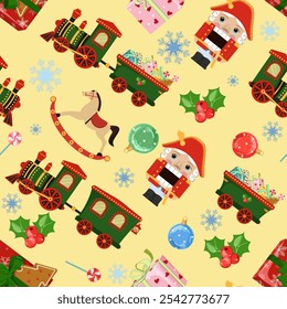 Christmas seamless pattern with Nutcrackers, steam locomotive toy, gifts, New Year's toys on a yellow background. For kids apparel, home design, wrapping paper