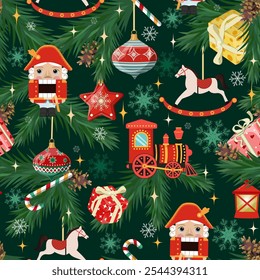 Christmas seamless pattern with Nutcrackers, steam locomotive toy, gifts, New Year's toys on a dark background. For kids apparel, home design, wrapping paper