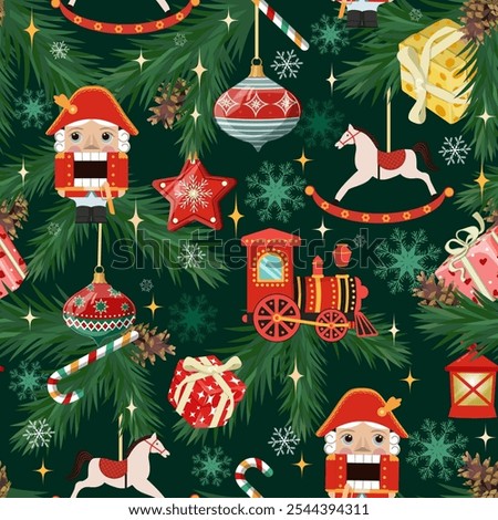 Christmas seamless pattern with Nutcrackers, steam locomotive toy, gifts, New Year's toys on a dark background. For kids apparel, home design, wrapping paper