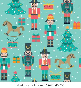 Christmas seamless pattern with nutcrackers, trees, gifts, drums and snowflakes on blue background,