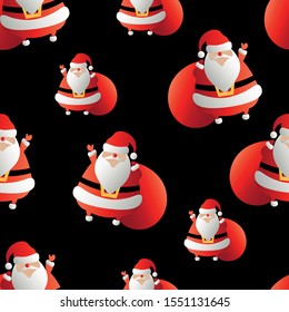Christmas seamless pattern on black background . Plump santa claus with beard, big red bag presents . Concept for print, textile, web design, cards, paper design