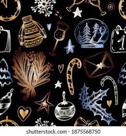 Christmas seamless pattern on a black background. Christmas print in hand draw style. Sweater, calendar, lollipop, champagne, tree, bouquet, snow globe. Gold. Vector illustration.