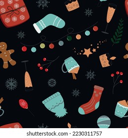 Christmas seamless pattern on black background, Christmas things chaotic cartoon holiday things