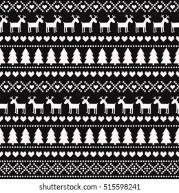 Christmas seamless pattern on black background. Scandinavian sweater style. Cute Christmas background - Xmas trees, deers, hearts and snowflakes. Design for textile, wallpaper, web, fabric, decor etc.