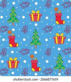 Patrón de Navidad sin fisuras sobre fondo azul. Hermoso patrón para un papel de regalo de lujo, camisetas, tarjetas de felicitación. 