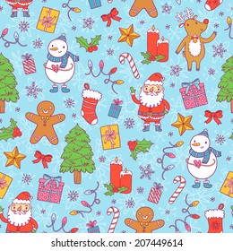 Christmas seamless pattern on blue background