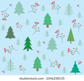 Christmas seamless pattern on a blue background. Fir trees, branches with berries. Vector illustration. Christmas background.