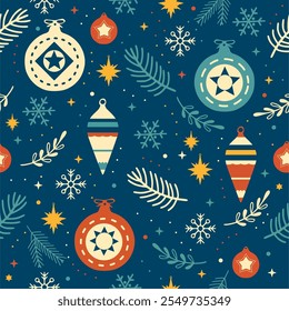 Christmas seamless pattern on blue background. Christmas decorations with decorative ball, Snowflake, Branch. Design for postcards, gift wrapping papers. Vector illustration