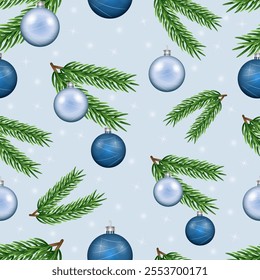 Christmas Seamless Pattern on Blue Background Spruce Branch with Ornaments