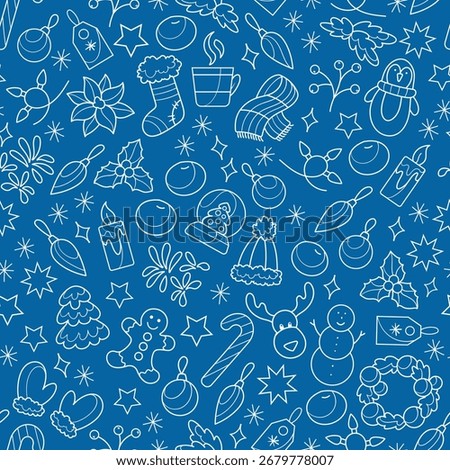 Christmas seamless pattern on a blue background, winter holiday decorative pattern, Christmas background, doodles pattern design, winter elements wrapping paper, cute cartoon digital paper design