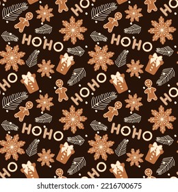 Christmas seamless pattern on brown background. Seamless vector with gingerbread and spruce cones in orange. Gingerbread cookies classic for printing on fabric or paper.