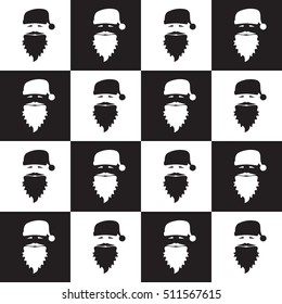 Christmas seamless pattern on chessboard background. Winter black and white wrapping with santa claus.