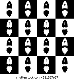 Christmas seamless pattern on chessboard background. New Year wallpaper. Winter black and white wrapping with Saint Nicholas.