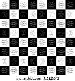 Christmas seamless pattern on chessboard background. New Year wallpaper. Winter black and white wrapping with snowflakes.