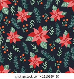 Patrón de Navidad sin fisuras sobre fondo oscuro con árbol de pino. Fondo de vacaciones.