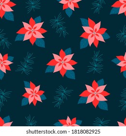 Christmas Seamless Pattern On Dark Background With Pine Tree.Holiday Background.