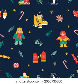 Christmas seamless pattern on a dark background. Children, candle, mistletoe, gift box, christmas tree toy, candle. New Year holiday decoration elements. Hand drawn vector illustration