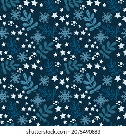 Christmas seamless pattern on a dark background. Lovely twigs, stars, snowflakes and polka dots. Vector in flat style.