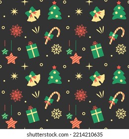 Christmas seamless pattern on dark background. Vector illustration of New Year ornament. Packaging paper and textile design.