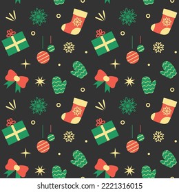 Christmas seamless pattern on dark background. Vector illustration of New Year elements: gift box, sock, mittens, decorations.